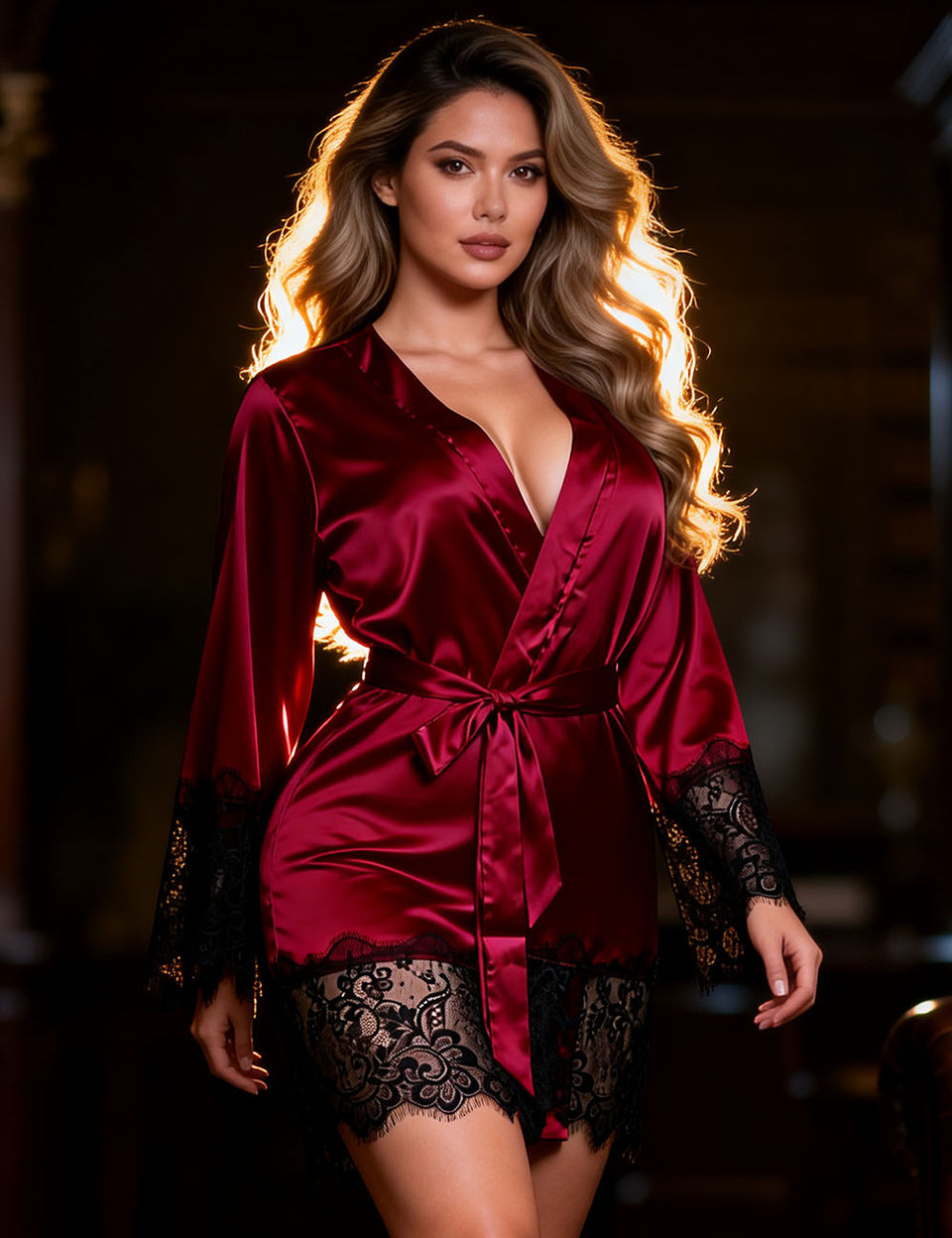 Elegant Silk Eyelash Lace Long Sleeves Sleepwear With G String