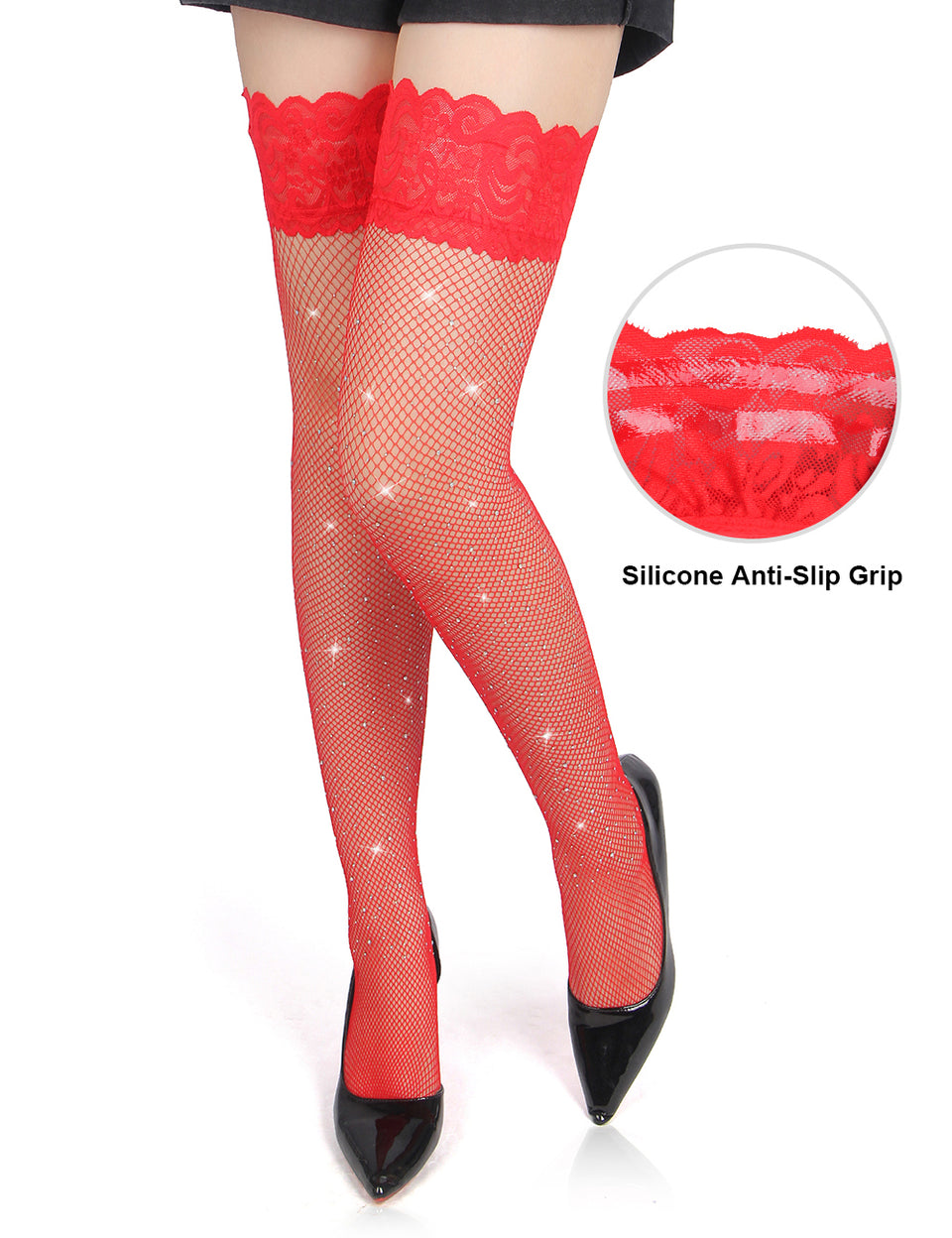 Lace Rhinestone Fishnet Stockings With Silicone