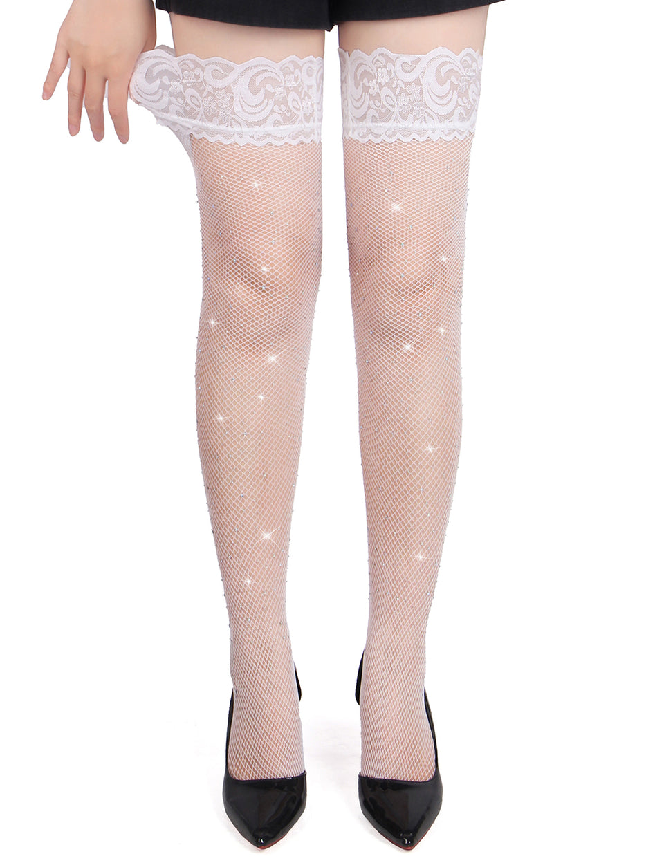Lace Rhinestone Fishnet Stockings With Silicone